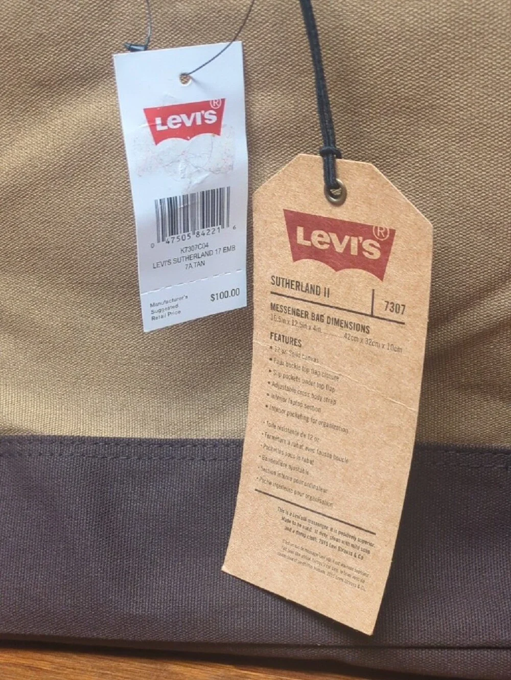 Levi's Two-Tone Tan and Dark Brown Canvas Lap Top Messenger Bag Sutherland II